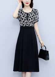 Classy Black Square Collar Print Patchwork Chiffon Dress Summer