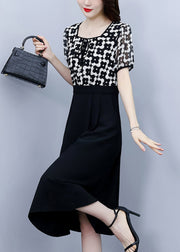 Classy Black Square Collar Print Patchwork Chiffon Dress Summer