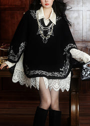 Classy Black Stand Collar Embroidered Woolen Cloak Spring