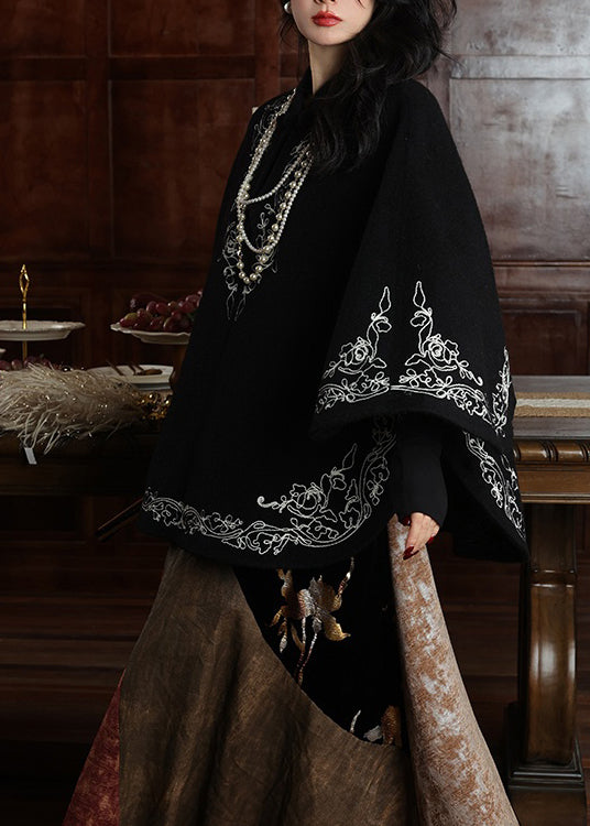 Classy Black Stand Collar Embroidered Woolen Cloak Spring