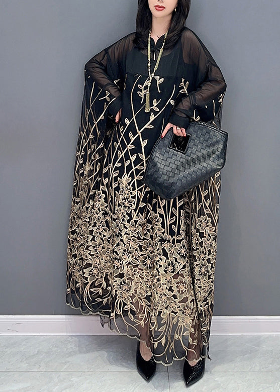 Classy Black Stand Collar Embroidered Button Tulle Maxi Dress Long Sleeve