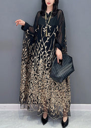 Classy Black Stand Collar Embroideried Button Tulle Maxi Dress Long Sleeve