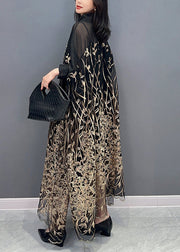 Classy Black Stand Collar Embroidered Button Tulle Maxi Dress Long Sleeve