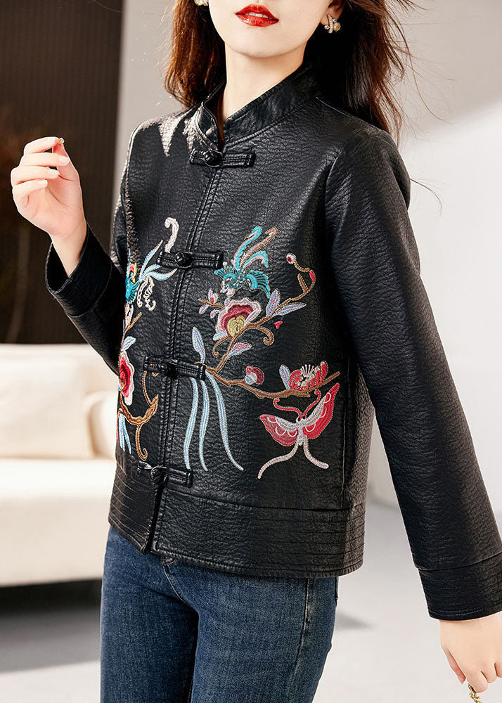 Classy Black Stand Collar Embroidered Floral Faux Leather Coats Long Sleeve