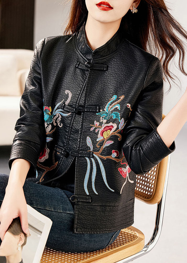 Classy Black Stand Collar Embroidered Floral Faux Leather Coats Long Sleeve