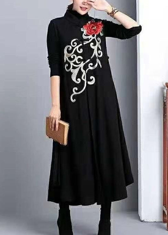 Classy Black Stand Collar Embroidered Patchwork Cotton Long Waistcoat Sleeveless