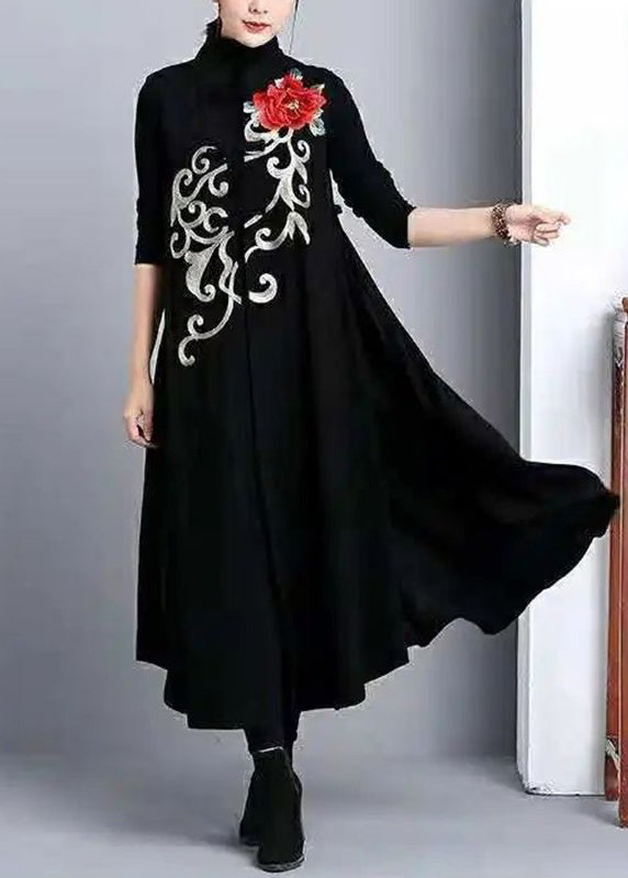 Classy Black Stand Collar Embroidered Patchwork Cotton Long Waistcoat Sleeveless