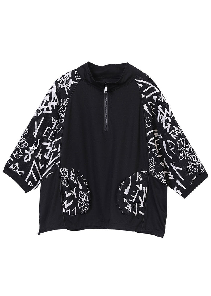 Classy Black Stand Collar Zip Up Pockets Patchwork Print Cotton Loose Sweatshirt Short Sleeve