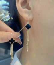 Classy Black Sterling Silver Black Agate Four Leaf Grass Tassel Drop Earrings