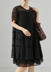 Classy Black Tasseled Ruffled Silk Mid Dress Summer