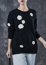 Classy Black Thick Stereoscopic Floral Knit Sweaters Spring