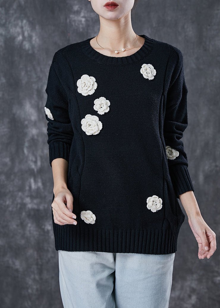 Classy Black Thick Stereoscopic Floral Knit Sweaters Spring