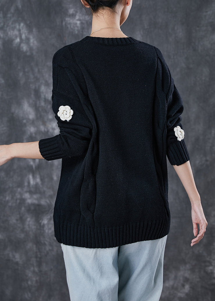 Classy Black Thick Stereoscopic Floral Knit Sweaters Spring