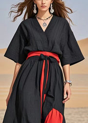 Classy Black Tie Waist Patchwork Cotton Maxi Dresses Summer