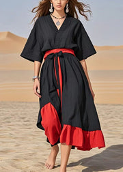 Classy Black Tie Waist Patchwork Cotton Maxi Dresses Summer