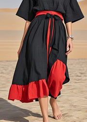 Classy Black Tie Waist Patchwork Cotton Maxi Dresses Summer