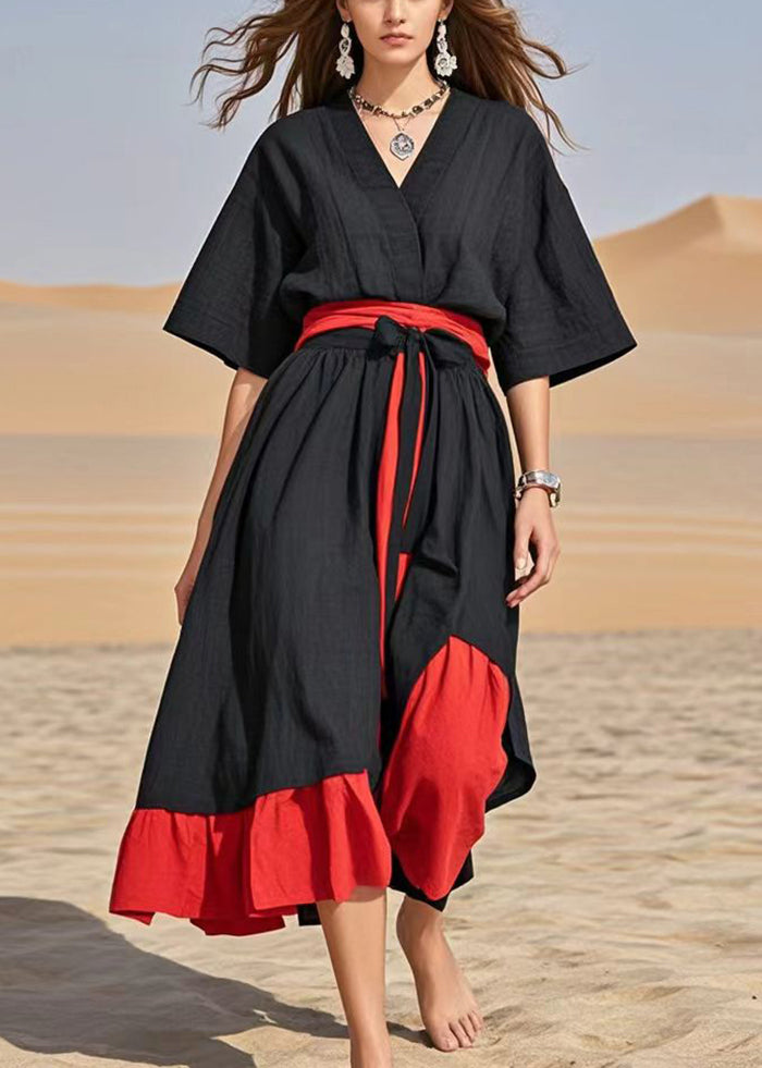 Classy Black Tie Waist Patchwork Cotton Maxi Dresses Summer