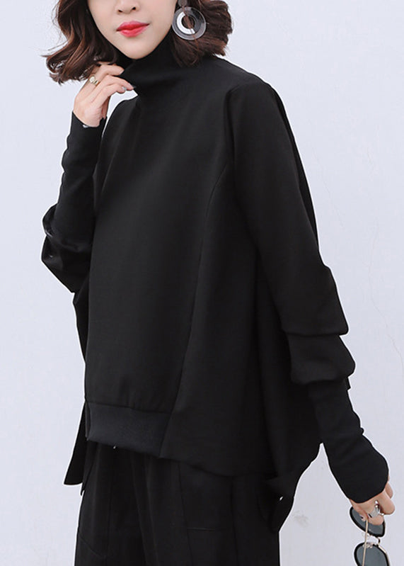 Classy Black Turtleneck Asymmetrical Patchwork Cotton Pullover Long Sleeve