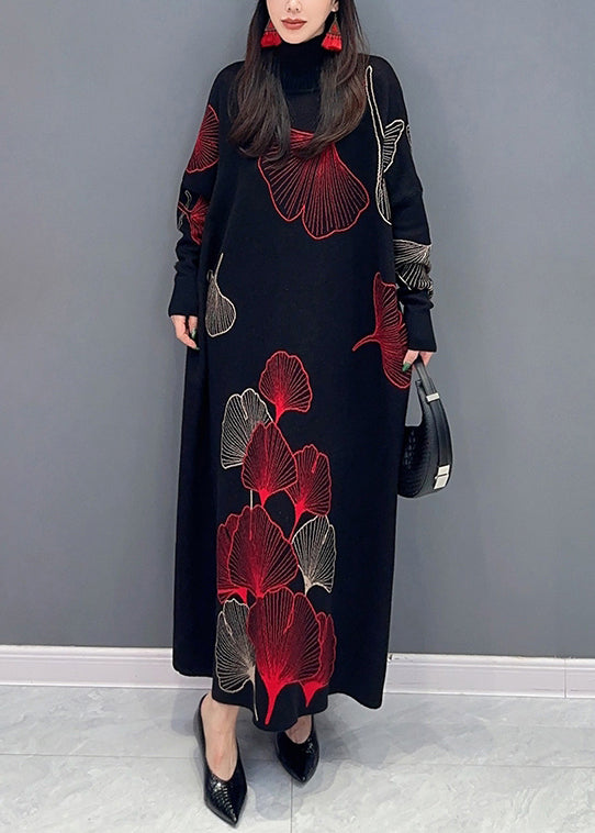 Classy Black Turtleneck Print Cotton Knit Long Dress Long Sleeve