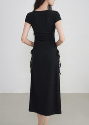 Classy Black V Neck Cinched Maxi Dresses Short Sleeve