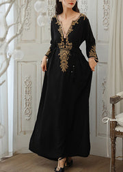 Classy Black V Neck Embroideried Patchwork Cotton Ankle Dress Fall