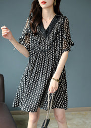 Classy Black V Neck Lace Patchwork Print Chiffon Mid Dress Short Sleeve