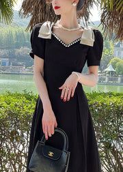 Classy Black V Neck Nail Bead Cotton Dress Summer