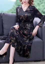 Classy Black V Neck Patchwork Ruffles Print Silk Velour Cinched Dresses Spring