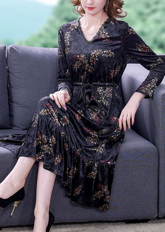 Classy Black V Neck Patchwork Ruffles Print Silk Velour Cinched Dresses Spring