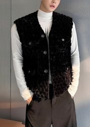 Classy Black V Neck Pockets Velour Men Waistcoat Sleeveless