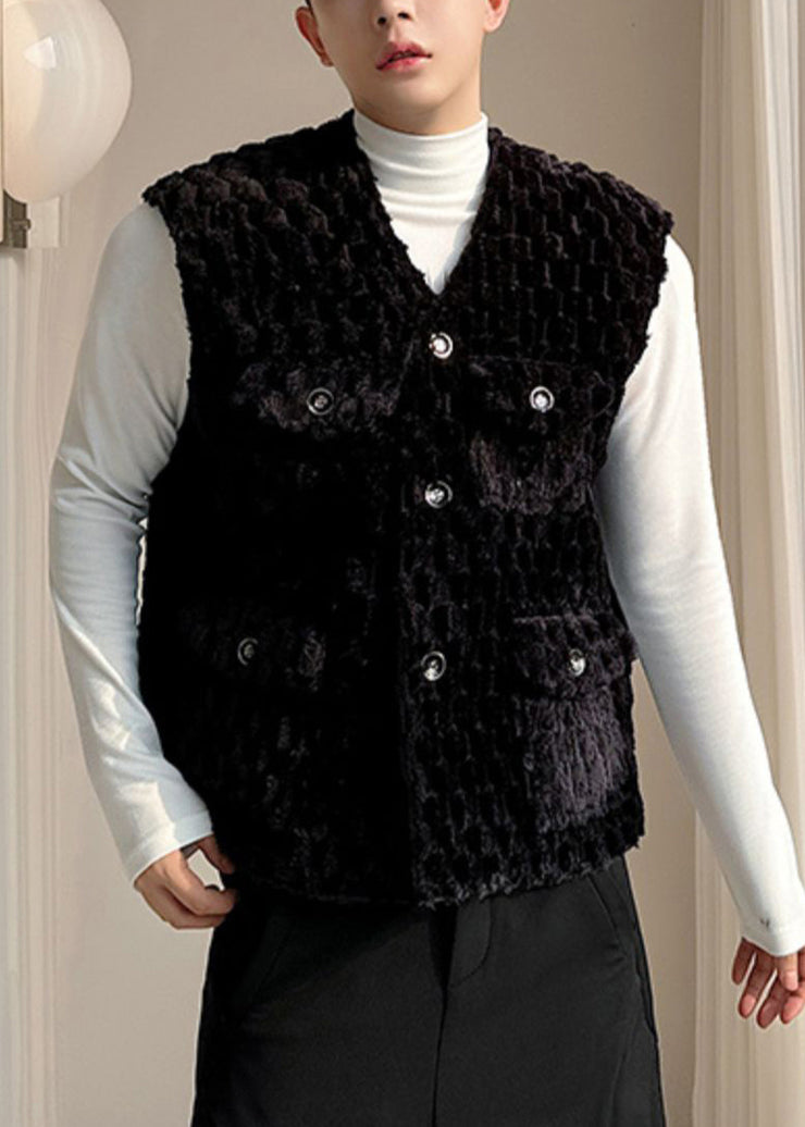 Classy Black V Neck Pockets Velour Men Waistcoat Sleeveless