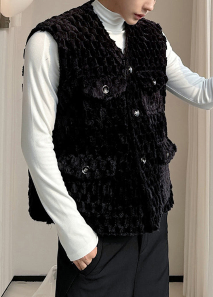 Classy Black V Neck Pockets Velour Men Waistcoat Sleeveless