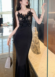 Classy Black V Neck Tulle Patchwork Backless Long Fishtail Dress Summer