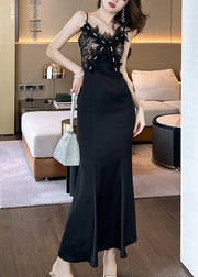 Classy Black V Neck Tulle Patchwork Backless Long Fishtail Dress Summer