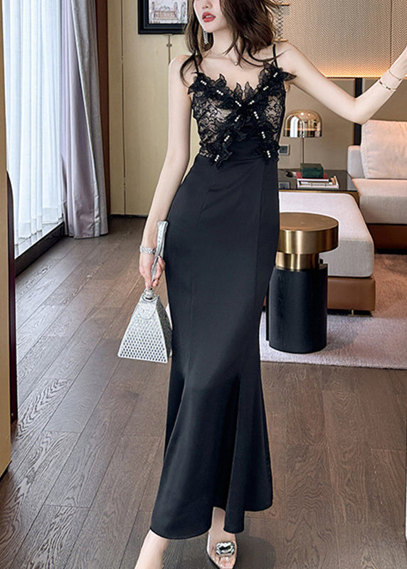 Classy Black V Neck Tulle Patchwork Backless Long Fishtail Dress Summer