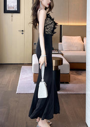 Classy Black V Neck Tulle Patchwork Backless Long Fishtail Dress Summer