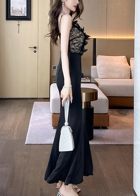 Classy Black V Neck Tulle Patchwork Backless Long Fishtail Dress Summer