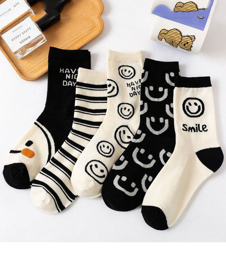 Classy Black White Striped Cute Smile Cotton Mid Calf Socks