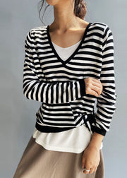 Classy Black White Striped V Neck Knit Tops Fall