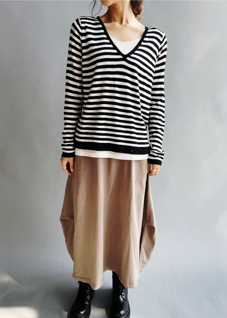 Classy Black White Striped V Neck Knit Tops Fall