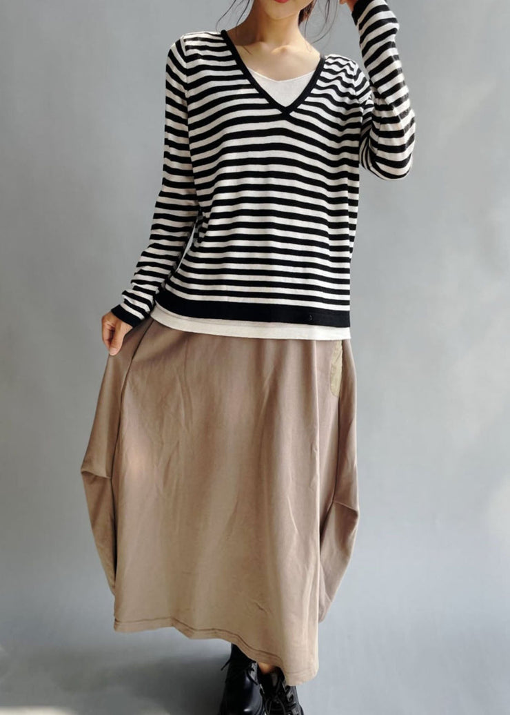 Classy Black White Striped V Neck Knit Tops Fall