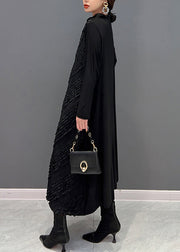 Classy Black Wrinkled Patchwork Cotton Long Dress Fall