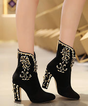 Classy Black Zircon Zippered Suede High Heel Boots