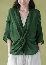 Classy Blackish Green V Neck Linen Top Bracelet Sleeve