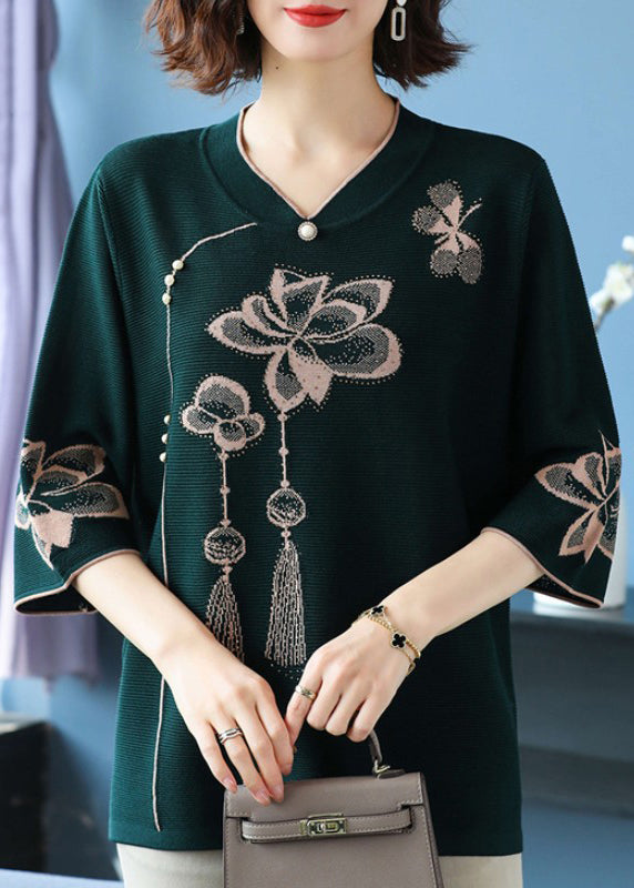 Classy Blackish Green V Neck Print Ice Silk Knit Top Summer
