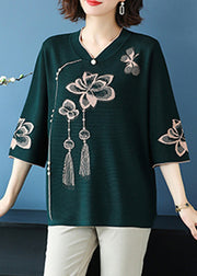 Classy Blackish Green V Neck Print Ice Silk Knit Top Summer