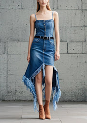 Classy Blue Asymmetrical Denim Tasseled Denim Spaghetti Strap Dress Summer