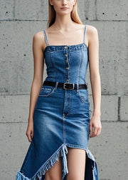 Classy Blue Asymmetrical Denim Tasseled Denim Spaghetti Strap Dress Summer