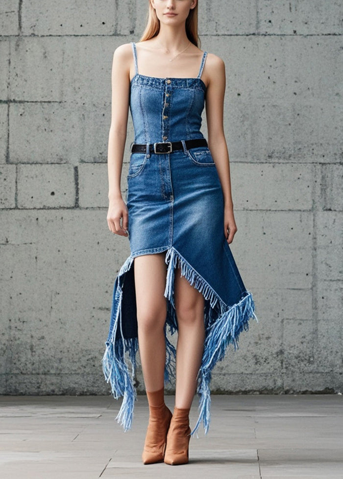 Classy Blue Asymmetrical Denim Tasseled Denim Spaghetti Strap Dress Summer