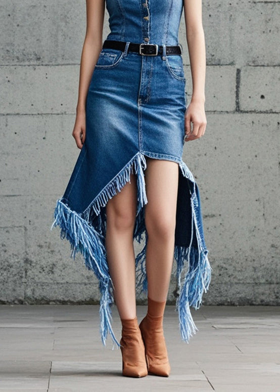 Classy Blue Asymmetrical Denim Tasseled Denim Spaghetti Strap Dress Summer